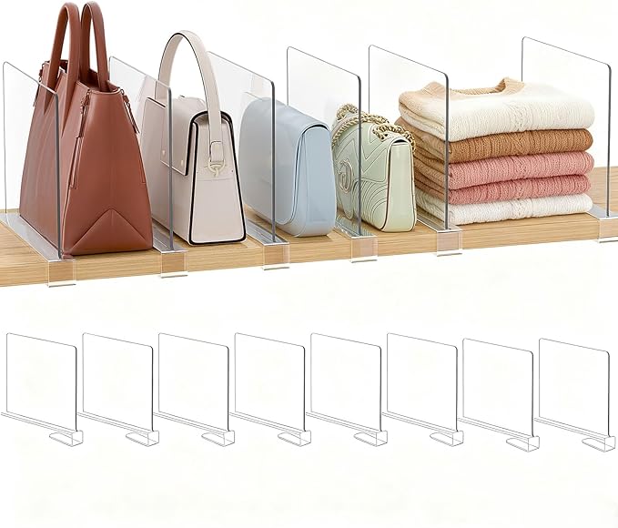 Purse Organizer for Closet Shelf Dividers: 8-Pack Adjustable Clear Acrylic Bag Storage Organizer for Handbags, Sweaters, Towels, Jeans and Shoes on Wood Shelves by Saccik