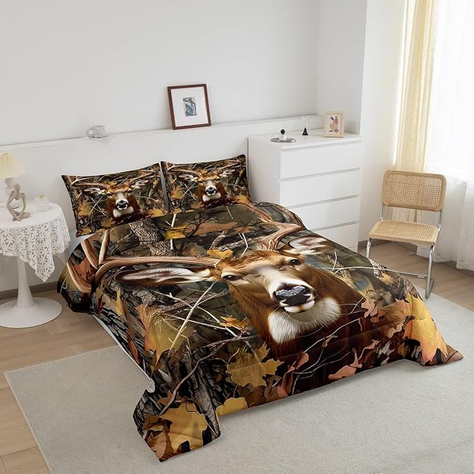 Erosebridal Kids Deer Bedding Set Queen Boys Hunting Animal Antlers Comforter Set Bedroom Decor 3 Piece Girls Oil Painting Deer Down Comforter Woodland Trees Leaves Quilted Duvet Lightweight Warm - Image 2