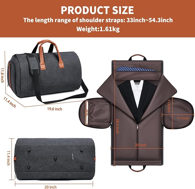 Convertible Garment Duffel Bag, Carry on Garment Bag for Travel Canvas Mens Suit Bag 2 in 1 Foldable Garment Bag with Shoulder Strap Weekender Bag with Shoe Pouch - Image 3