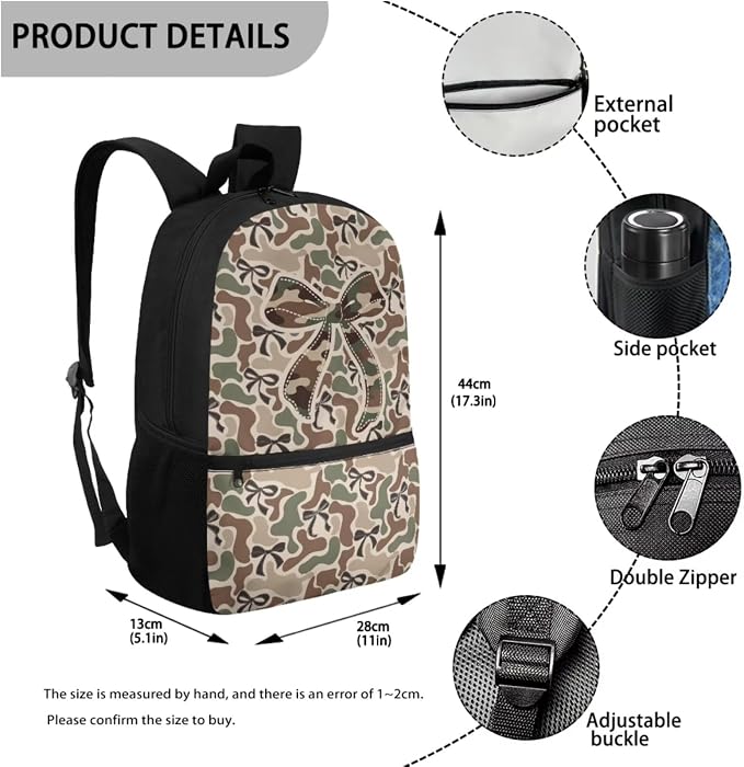 Camo Backpack Girls Camouflage Bow Backpack with Lunch Box 4 Piece School Bag Set 17'' Large Capacity Holds 15+ Books, Adjustable Padded Strap Reduce the Stress by 40% - Image 3