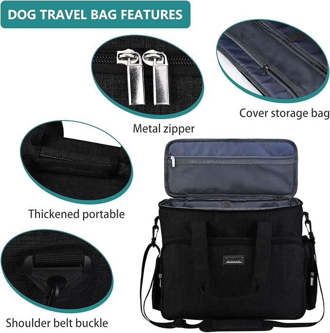 BAGLHER Dog Travel Bag, Airline Approved Pet Tote Organizer with Multi-Function Pockets, 2 X Food Storage Containers and 2 X Collapsible Bowls, Perfect Weekend Pet Travel Set for Dog, Cat Black - Image 4