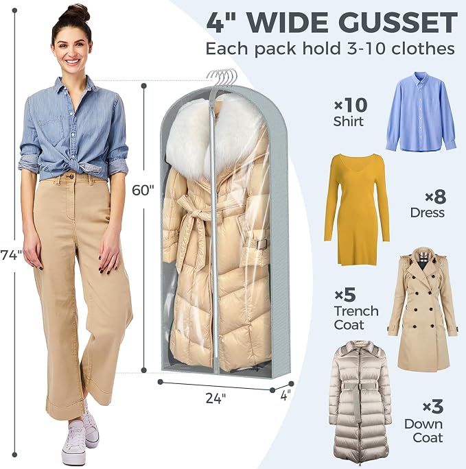 6 Pcs 60" Garment Bags for Hanging Clothes, Clear Suit Bags for Closet Storage Clothing Storage, Garment Bags Shoulder Covers with 4" Gussets for Coats, Jackets, Shirts and Sweater - Image 4