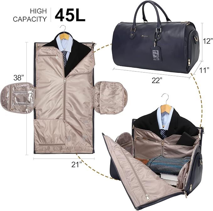 Modoker Women Convertible Leather Garment Bag with Shoulder Strap, PU Leather Garment Duffel Bag Carry on 2 in 1 Hanging Suitcase Suit Travel Bags, Blue - Image 3