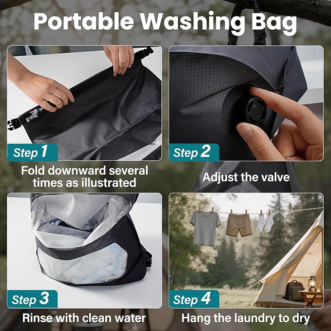 Portable Travel Washing Bag with 2-in-1 Air Valve Design | Travel Laundry Washing Bag Saves Water and Space for Camping, Cruise, Van Life, Lightweight Travel Laundry Solution - Image 7