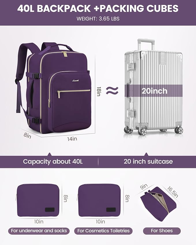 LOVEVOOK 40L Travel Backpack Flight Approved Carry on Backpack,3 Packing Cubes,Waterproof Personal Item Travel Bag,TSA Carry on Luggage Suitcase Travel Essentials,Gifts for Women & Men,fits 17" Laptop - Image 5
