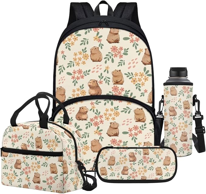 4 Pack Cute Capybara Flower Schoolbag Set with Insulated Lunch Box Pencil Case Water Bottle Holder Bag for Preschool,Elementary,Middle School Girls Schoolbag Capybara Lover Daypack by Chririnla