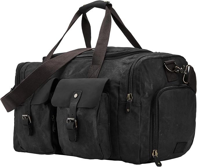 Waxed Canvas Duffel Bag with Shoe Compartment | Waxed Canvas Travel Bag for Men, Genuine Leather Trim, Shoe Compartment, Front Pockets, Weekend, Overnight and Carry-On Use - Image 6