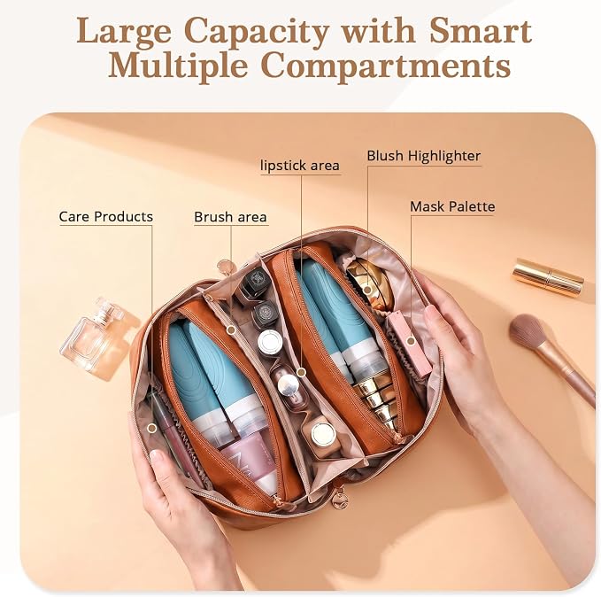 Travel Makeup Bag for Women: 3-in-1 Large Capacity Cosmetics Organizer with 2 Detachable Pouch - Vegan Leather Flat Open Toiletry Bag - Travel Essentials for Full-Sized Bottles(Orange) - Image 3