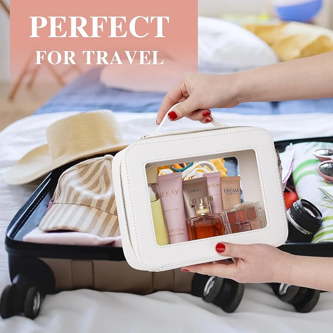 Pinkmik Clear Makeup Bag for Women Waterproof Travel Cosmetics and Toiletries Case Portable Makeup Oaganizer Bag Clear Car Bag with Zipper (White, L) - Image 4