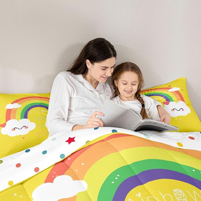 Erosebridal Rainbow Quilted Comforter Twin Size, Kawaii Comforter Set Love Heart Bedding Set Cartoon Rainbow Iridescent Down Comforter,2 Pcs One Bed Comforter and One Pillowcase in One Bag, Yellow - Image 4