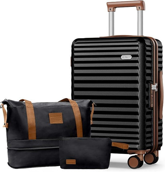 SHOWKOO Suitcase Hardside Expandable Luggage Set, Suitcase with Double Spinner Wheels TSA Lock 3 Piece Luggage Set Black (DB/TB/28in) by SHOWKOO