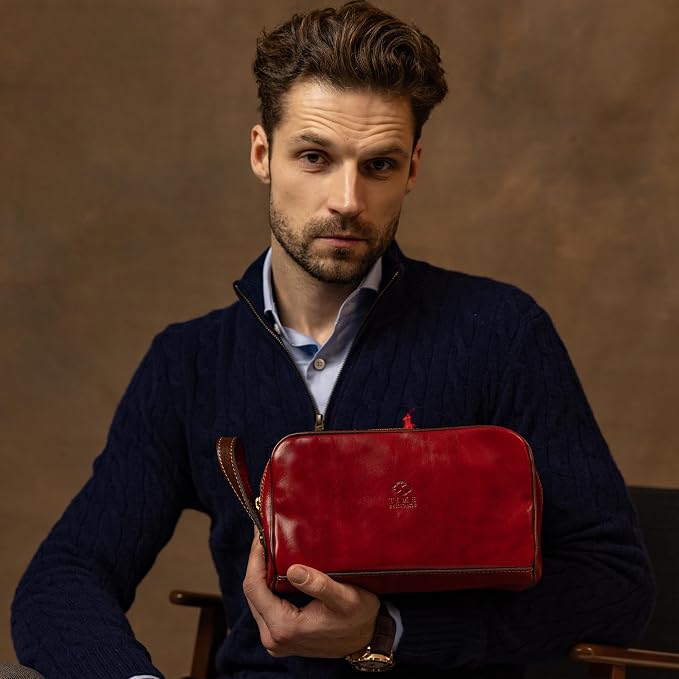 Time Resistance Leather Cosmetic Bag - Italian Toiletry Dopp Kit (Red) - Image 2