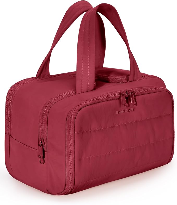 BAGSMART Travel Toiletry Bag, Puffy Toiletry Bag for Women, Wide-open toiletry bags for traveling, Large Travel Cosmetic Makeup Bag Organizer for Accessories,Toiletrie (Vintage Berry) by BAGSMART