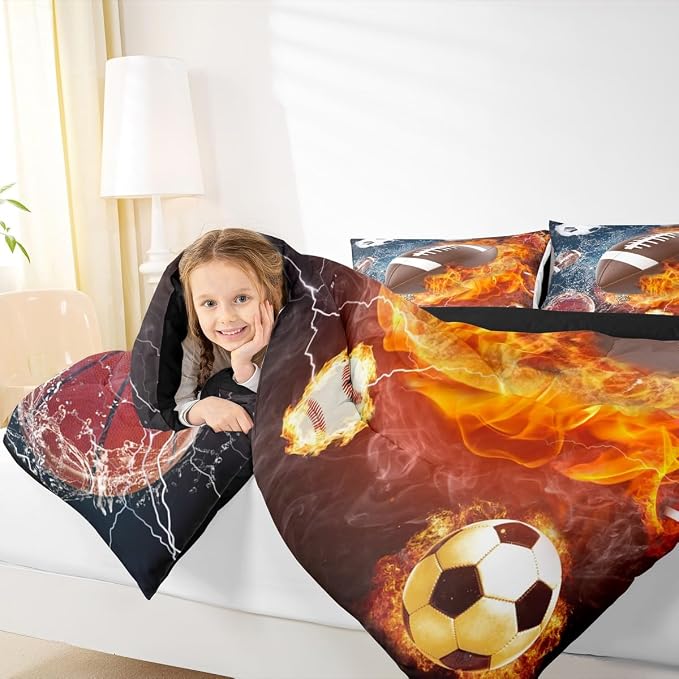 Erosebridal Football Comforter Twin Rugby Sports Bedding Set for Teen Boys Girls Kids,Soccer Basketball Baseball Comforter Red Blue Water Fire Lightning Quilt Duvet Insert Bedroom Decor 1 Pillow Case - Image 4
