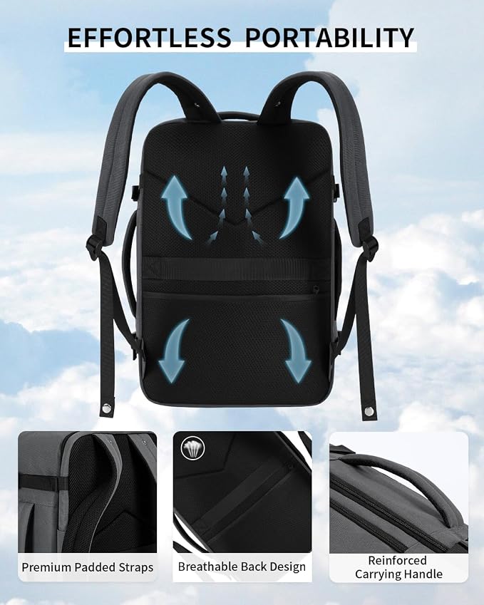 ECOHUB 19" Large Travel Backpack, Carry on Luggage Airline Approved, Water Resistant Rucksacks Fit 15.6" Laptop, AirTag Pocket, Lightweight Casual Daypack, 34L, Dark Grey - Image 6