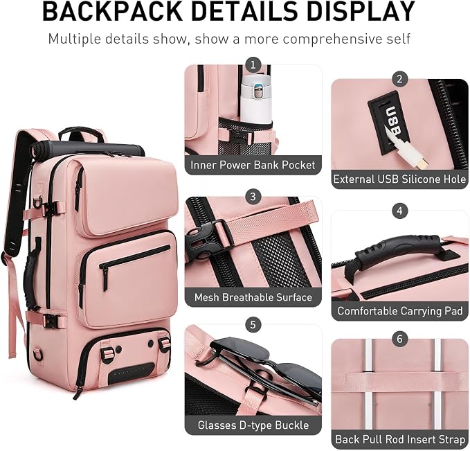 Backpack for Traveling On Airplane,Expandable Carry On Laptop Backpack for Men and Women,Outdoor Travel Bag,Pink - Image 5
