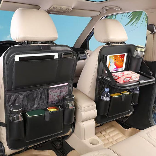 Leather Car Backseat Organizer with Tablet Holder - 9 Large Storage Pockets, Foldable Food Tray & Anti-Scratch Kick Mats - Universal Car Seat Protector for Kids, Pets & Travel Accessories 1 Pack by MONKONAR