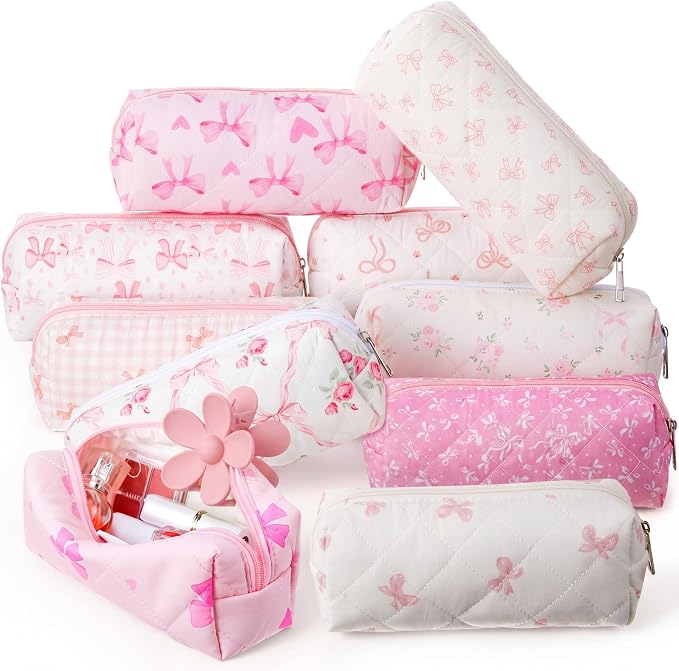 Paterr 10 Pcs Quilted Makeup Bag Bulk Cotton Floral Cosmetic Bag Women Girls Bridesmaid Gifts Cute Makeup Pouch Coquette Aesthetic Travel Toiletry Organizer(Pink Bow,7.48 x 2.36 x 3.15 Inches) by Paterr