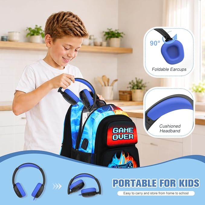 Bevalsa Backpack for Boys, School Bags for Kids with 3.5mm Jack Wired Headphones, Lunch Box & Pencil Case, Gamer Backpack for Kids Children Teens for Elementary Middle School Student (Flame) - Image 7