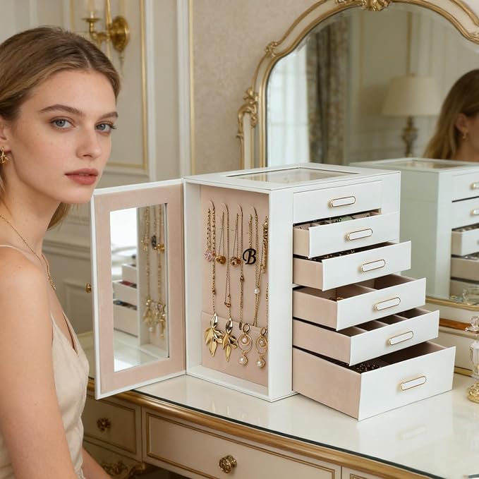 BOOVO Clear Lid Jewelry Box,6 Layers Jewelry Organizer Large Jewelry Storage Box with 6 Drawers,Jewelry Holder Organzier of Rings Earrings Necklace Bracelets for Women (White, 6 Layer) - Image 6