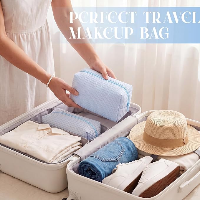 Gilprop 12 Pcs Holiday Gifts for Women Cozy Makeup Bag Portable Travel Waffle Toiletry Bag Soft Wedding Makeup Organizer Large Pouch with Zipper for Bridesmaid Friend (Light Blue) - Image 6