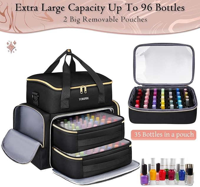 YOREPEK Large Nail Polish Organizer Case Holds 70 Bottles (15ml/0.5 fl.oz) | Nail Tech Organizers and Storage 2 Removable Nail Pouches Fits Nail Supplies, maleta para manicurista profesional - Image 4