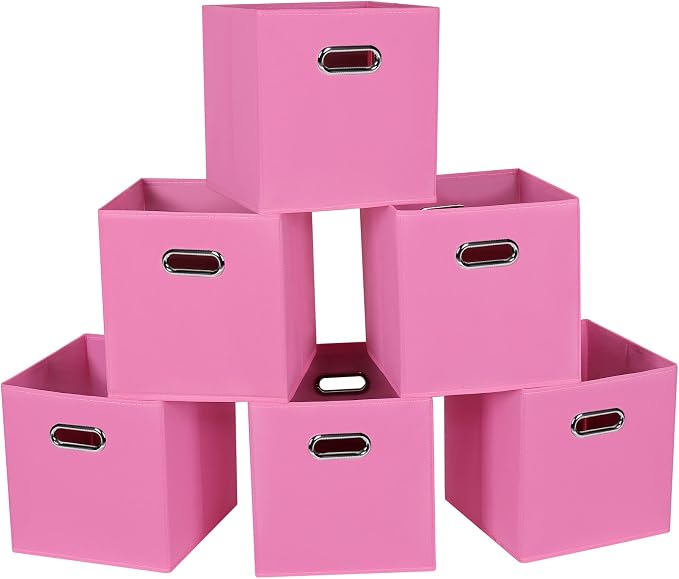 Fabric Cloth Storage Bins,Fabric Cube Bins Organizer with Dual Handles Foldable Cube Storage Baskets for Home Bedroom Storage,Set of 6,(Pink) by SEVENDOME