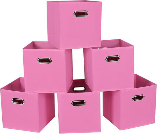 Fabric Cloth Storage Bins,Fabric Cube Bins Organizer with Dual Handles Foldable Cube Storage Baskets for Home Bedroom Storage,Set of 6,(Pink) by SEVENDOME