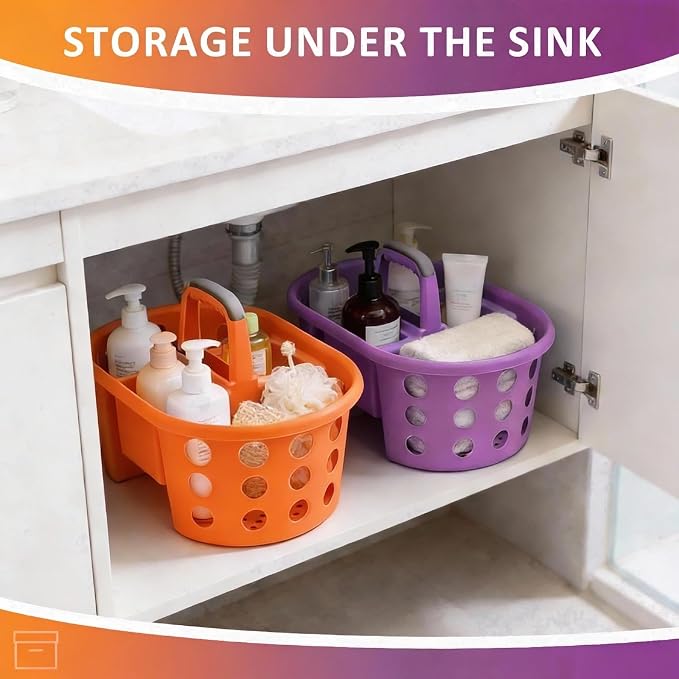 SIMPLYKLEEN Large Shower Caddy Portable 2PC - Made in USA Plastic Jumbo Size Dorm Storage Candy Tote with Handle Shower Organizer for Bathroom, Pantry, Kitchen, College Dorm, Orange/Purple - Image 5