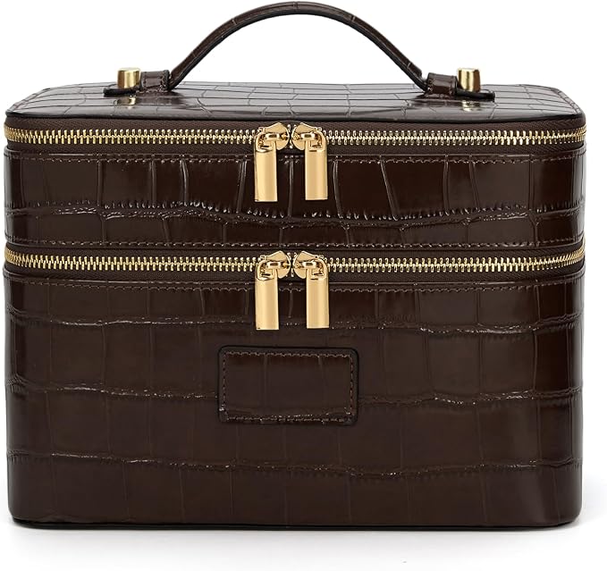 HiTotes Large Makeup Bag Crocodile Duo Vanity Case for Women Travel Toiletry Bag Leather Makeup Case Cosmetic Bag by HiTotes