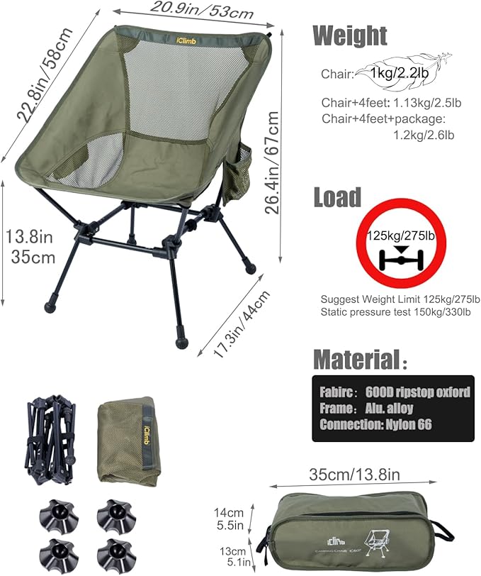 iClimb Ultralight Compact Camping Folding Beach Chair with Anti-Sinking Large Feet and Back Support Webbing (Green - Square Frame - 2PC) - Image 3