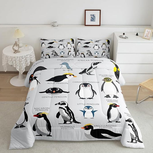 Erosebridal Penguin Comforter Set Full Size,Black White Penguins Bedding Set Cute Animal Down Comforter for Kids Boys Girls Teens,Wildlife Grey Bedding Quilted Sets with 2 Pillow Cases Bedroom Decor by Erosebridal