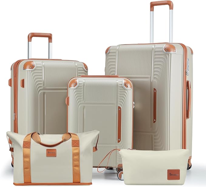 5 Piece Luggage Sets PP Hardshell with Duffel & Toiletry Bag, Carry-on Suitcase Set (20/24/28) with Detachable Spinner Wheels, YKK Zippers & Corner Guards, Lightweight TSA Lock (Light Khaki) by Unknown