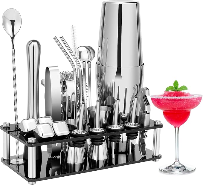 KINGROW Cocktail Shaker Set Bartender Kit, Stainless Steel Boston Bar Tools Drink Mixer Set with Stand & Recipe Booklet for Home Cocktail Making | Silver by KINGROW