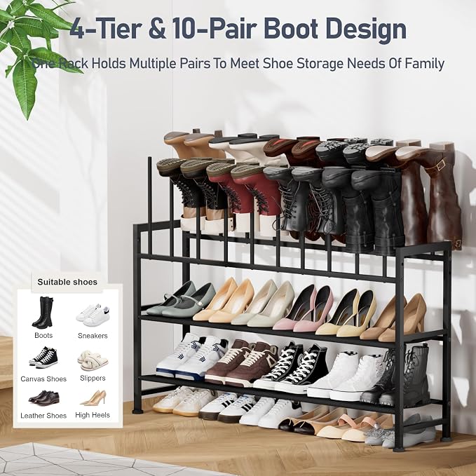 DIMJ Boot Rack 4-Tier - Black Metal Boot Storage Rack for Tall Boots Organizer, Multiuse Shoe Rack for Boots, Sneakers, High-Heel, Entryway, Fits 10 Pairs - Image 3