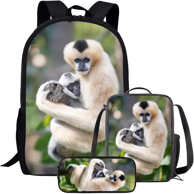 Girls Boys School Backpack with Lunch Box Pencil Case Comfy Padded Lightweight Whitecheeked Gibbon Backpack Set Kids Cute Bookbag Insulated Lunch Bag Student Large Capacity Daypack 17 Inch by Parprinty