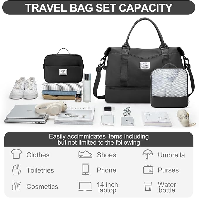 Weekender Bags for Women,Travel Duffle Overnight Bag with Shoe Compartment,Personal Item Carry On Bag,3 Pcs Set,Medium(Black) - Image 3