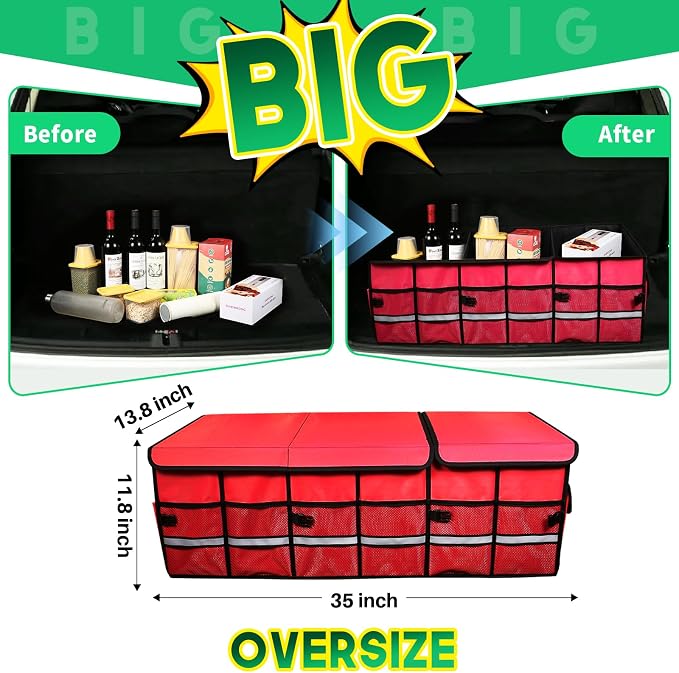 Big Car Trunk Organizer, Cargo Organizer SUV Trunk Storage Non Slip Bottom Waterproof Collapsible Durable Multi Compartments-(Oversize,Red) - Image 3