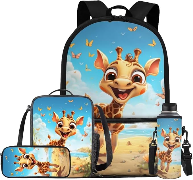 Giraffe Backpack for Girls Kids Backpack with Lunch Box Water Bottle Carrier and Cute Pencil Case 4PCS Set Bookbag with Front Pocket for School 17 inch Large School Bag for Elementary Girls by ELEDIZI