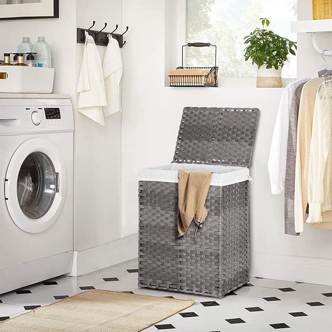 Paylesshere Laundry Basket Handwoven Laundry Hamper 90L/110L Foldable Rattan Hamper With Lid,2 Removable Liner Bags & 6 Laundry Bags,Clothes Hamper Bathroom Laundry Basket,Grey - Image 2