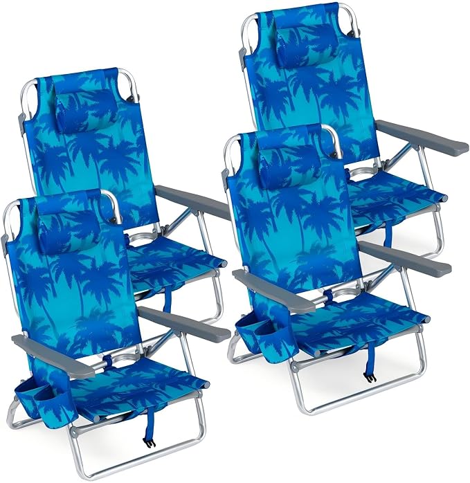 Giantex Folding Beach Chair, Patio Sling Chairs with 5 Adjustable Position, Head Pillow, Storage Bag, Towel Bar, Cup Holders, Backpack Chairs for Sunbathing, Camping Chair by Giantex