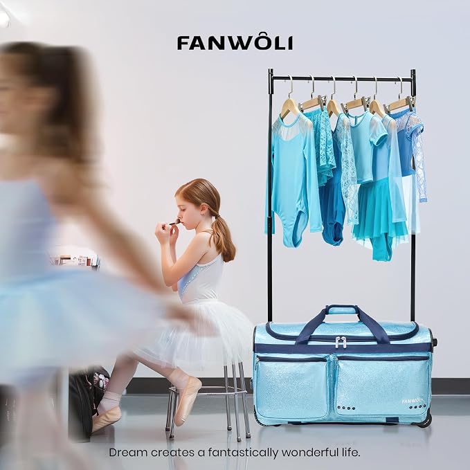 Fanwoli 23" Dance Bag with Garment Rack | Glittering Waterproof Fabric | Shine-Bright Collection | Ideal Competition Rolling Duffle Bag for Dancer Cheerleader Little Princess | Sparkle Blue - Image 7
