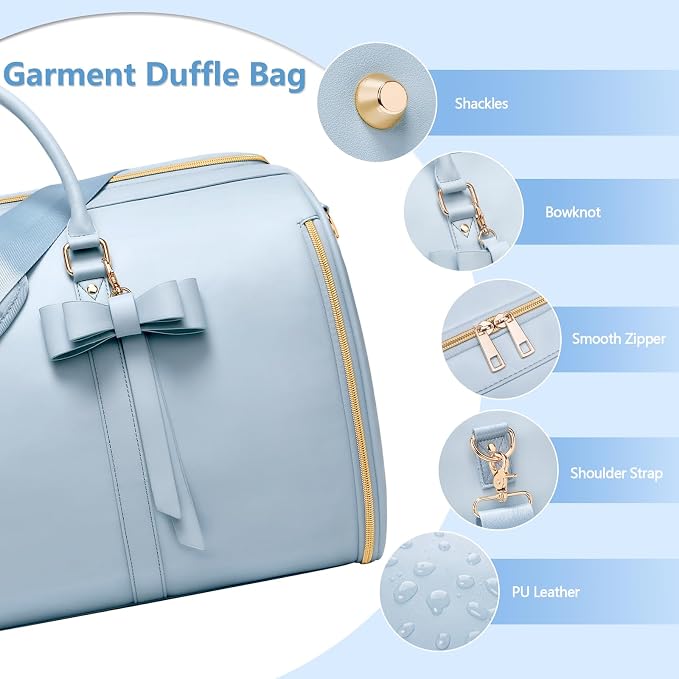 Travel Duffel Bag, Convertible Travel Garment Bag for Women, Fashion & Cute Carry On Duffle Bag w/Shoes Pouch, 2 in 1 Foldable PU Leather Hanging Duffle Bag, Single-Zipper Design, Blue - Image 4