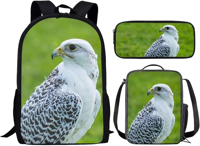 Kids Novelty Animal Backpack and Lunch Box for Boys Girls Student Lightweight 17 Inch School Bird Gyrfalcon Backpack with Lunch Bag Pencil Case Kids Comfy Padded Black Large Bookbag - Image 2