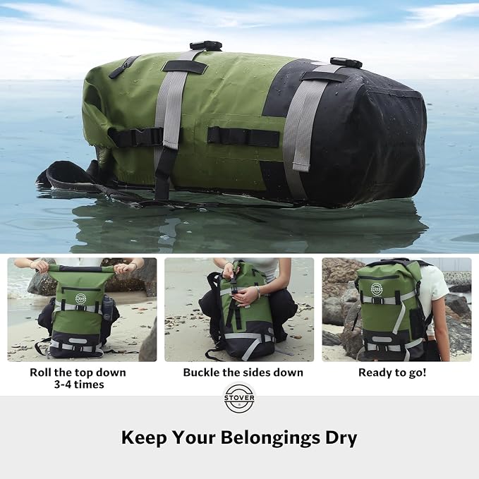 STOVER 30/40/55L Waterproof Dry Backpack & Phone Case- X-Large Floating Dry Bag for Kayaking, Travel, Hiking, Fishing, Camping, Motorcycles & Beach, Heavy-Duty Roll Top Men/Women (Green) - Image 4