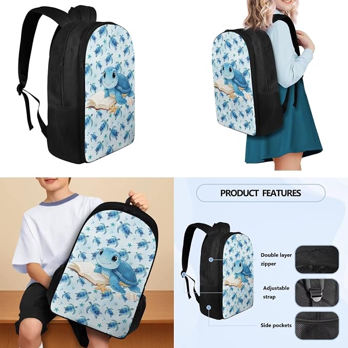 Kids 4 pcs Backpack Set Turtle Print School Supplies School Bags Book Bag with Insulated Lunch Bag Kit Pen Bags Water Bottle Sleeve Set for Kids Girls - Image 3