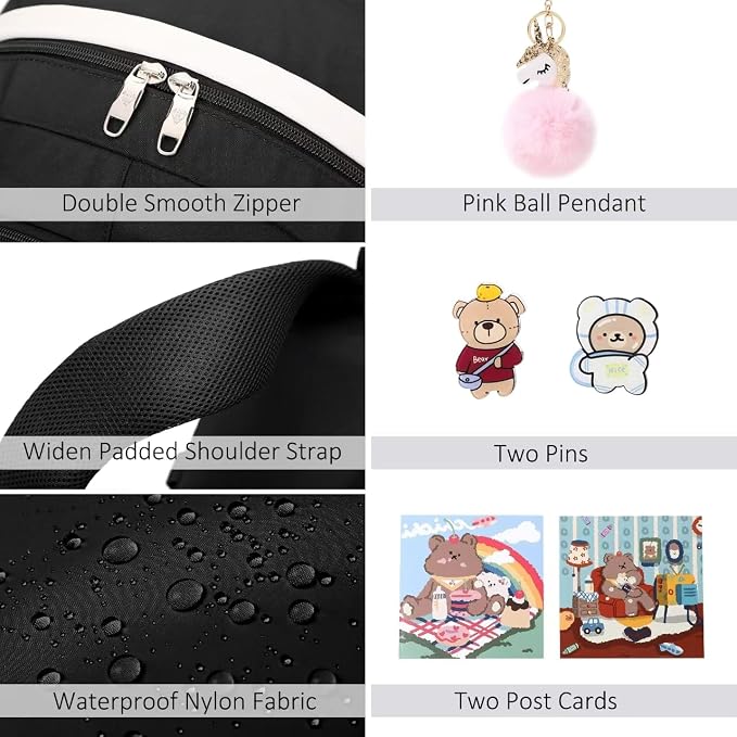 Laptop Backpacks 16 Inch School Bag College Backpack 3 PCS with Lunch Box Pencil Pouch Set Large Travel Daypack Kawaii Bookbags for Teens Girls Women Students (Black) - Image 6