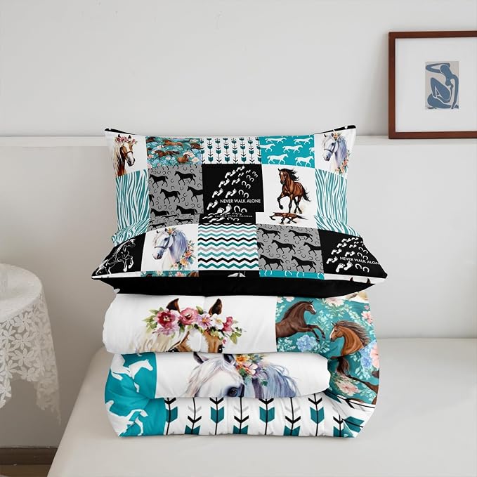 Horse Bedding,Western Farmhouse Horse Comforter Set For Girls Twin Bed,Boho Arrow Teal Zebra Stripe Comforter For Kids Boys Women,Rose Flower Rustic Cowboy Quilt Duvet sets 1 Pillowcases Black White - Image 6