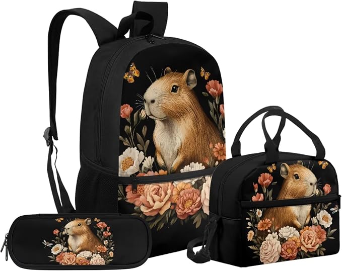 Capybara Flowers 3 Pieces Kids Backpack Set Children Bookbag with Lunch Bag and Pencil Case School Bags for Elementary Middle High School Student by Unknown