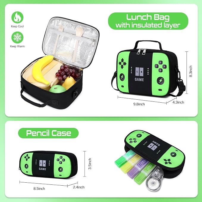 Gamer Backpack for Boys , 3PCS Boys Backpack with Lunch Box & Pencil Pouch, Waterproof School Bags for Boy Kids Children Teens, Elementary Middle School, Kids Book Bag Casual Daypack (Neon Green) - Image 7